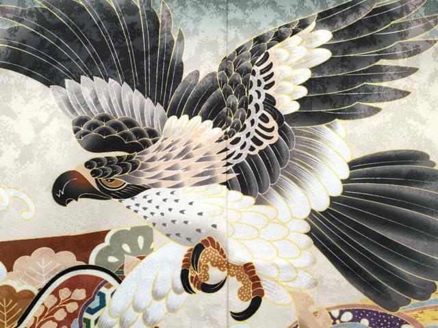 平和屋着物[]七五三　男の子　子供　羽織　鷹　鷲　龍　兜　立波松文　暈し染め　金彩　洗える着物　未使用　DABG3097ma