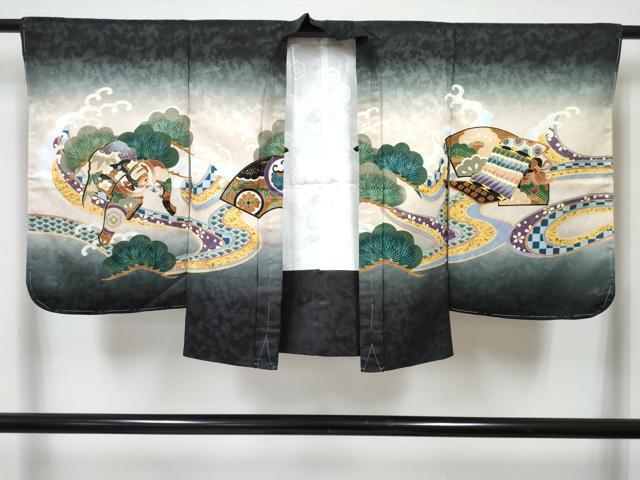 平和屋着物[]七五三　男の子　子供　羽織　鷹　鷲　龍　兜　立波松文　暈し染め　金彩　洗える着物　未使用　DABG3098ma