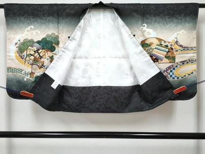 平和屋着物[]七五三　男の子　子供　羽織　鷹　鷲　龍　兜　立波松文　暈し染め　金彩　洗える着物　未使用　DABG3097ma