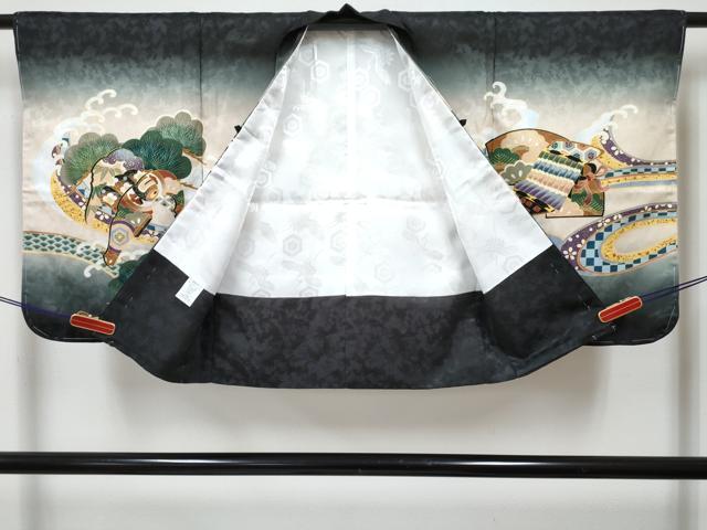 平和屋着物[]七五三　男の子　子供　羽織　鷹　鷲　龍　兜　立波松文　暈し染め　金彩　洗える着物　未使用　DABG3097ma