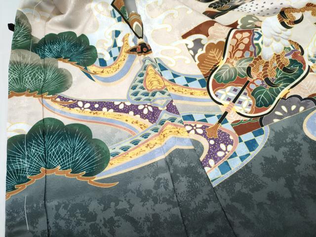 平和屋着物[]七五三　男の子　子供　羽織　鷹　鷲　龍　兜　立波松文　暈し染め　金彩　洗える着物　未使用　DABG3097ma