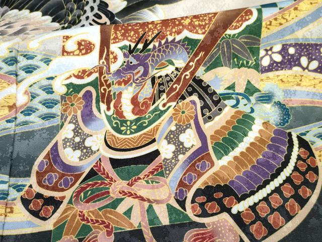 平和屋着物[]七五三　男の子　子供　羽織　鷹　鷲　龍　兜　立波松文　暈し染め　金彩　洗える着物　未使用　DABG3097ma