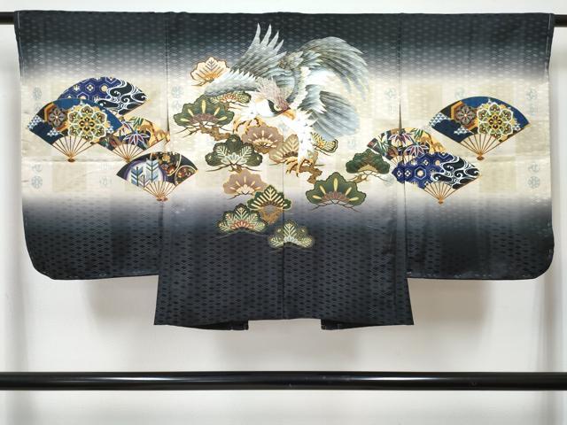 平和屋着物[]七五三　男の子　子供　羽織　鷹　鷲　扇面花松文　暈し染め　金彩　洗える着物　未使用　DABG3102ma