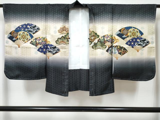 平和屋着物[]七五三　男の子　子供　羽織　鷹　鷲　扇面花松文　暈し染め　金彩　洗える着物　未使用　DABG3102ma