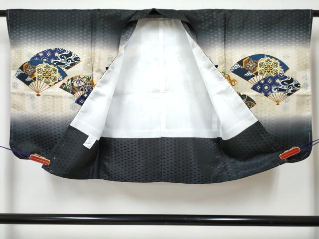 平和屋着物[]七五三　男の子　子供　羽織　鷹　鷲　扇面花松文　暈し染め　金彩　洗える着物　未使用　DABG3101ma