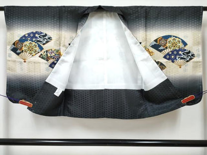平和屋着物[]七五三　男の子　子供　羽織　鷹　鷲　扇面花松文　暈し染め　金彩　洗える着物　未使用　DABG3102ma