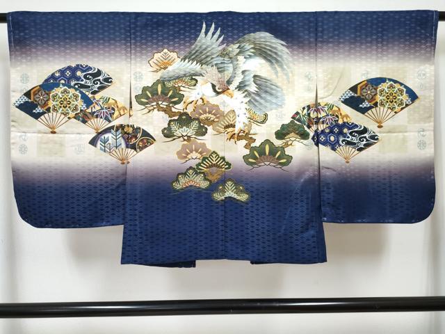 平和屋着物[]七五三　男の子　子供　羽織　鷹　鷲　扇面花松文　暈し染め　金彩　洗える着物　未使用　DABG3103ma