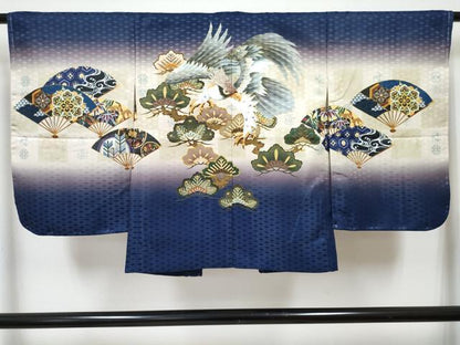 平和屋着物[]七五三　男の子　子供　羽織　鷹　鷲　扇面花松文　暈し染め　金彩　洗える着物　未使用　DABG3104ma