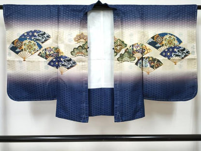 平和屋着物[]七五三　男の子　子供　羽織　鷹　鷲　扇面花松文　暈し染め　金彩　洗える着物　未使用　DABG3104ma