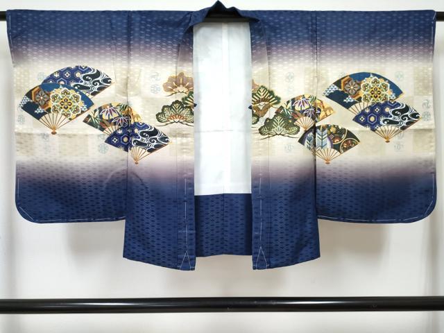 平和屋着物[]七五三　男の子　子供　羽織　鷹　鷲　扇面花松文　暈し染め　金彩　洗える着物　未使用　DABG3104ma