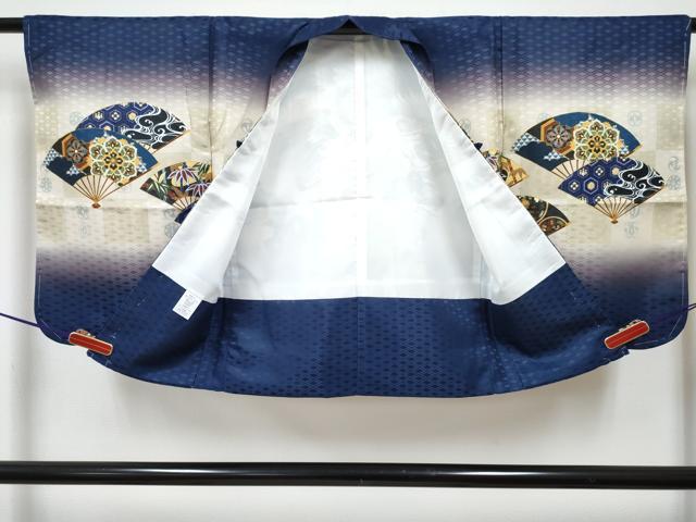 平和屋着物[]七五三　男の子　子供　羽織　鷹　鷲　扇面花松文　暈し染め　金彩　洗える着物　未使用　DABG3103ma