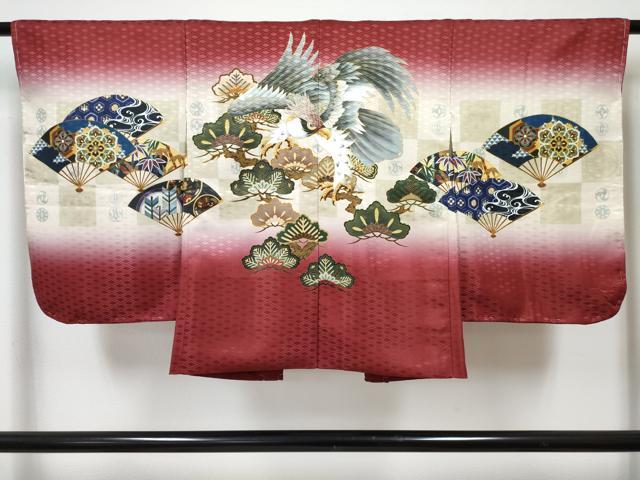 平和屋着物[]七五三　男の子　子供　羽織　鷹　鷲　扇面花松文　暈し染め　金彩　洗える着物　未使用　DABG3106ma