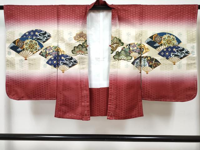 平和屋着物[]七五三　男の子　子供　羽織　鷹　鷲　扇面花松文　暈し染め　金彩　洗える着物　未使用　DABG3106ma