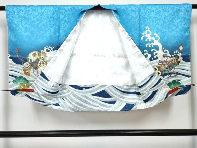 平和屋着物[]七五三　男の子　子供　羽織　鷹　鷲　松　宝船　暈し染め　洗える着物　未使用　DABG3107ma