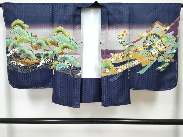 平和屋着物[]七五三　男の子　子供　羽織　鷹　鷲　宝尽くし　立波松文　暈し染め　洗える着物　未使用　DABG3119ma