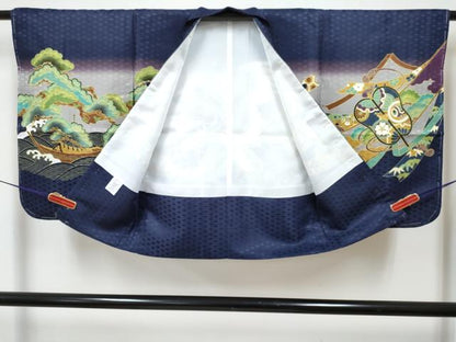 平和屋着物[]七五三　男の子　子供　羽織　鷹　鷲　宝尽くし　立波松文　暈し染め　洗える着物　未使用　DABG3114ma