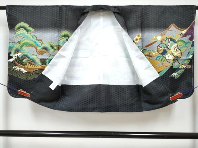 平和屋着物[]七五三　男の子　子供　羽織　鷹　鷲　宝尽くし　立波松文　暈し染め　洗える着物　未使用　DABG3121ma