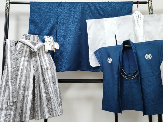 平和屋着物[]七五三　男の子　祝着・陣羽織・長襦袢(単衣・半衿刺繍)・行灯袴・小物セット　紺鼠色　打ち出の小槌　唐草地紋　DABG3131ma