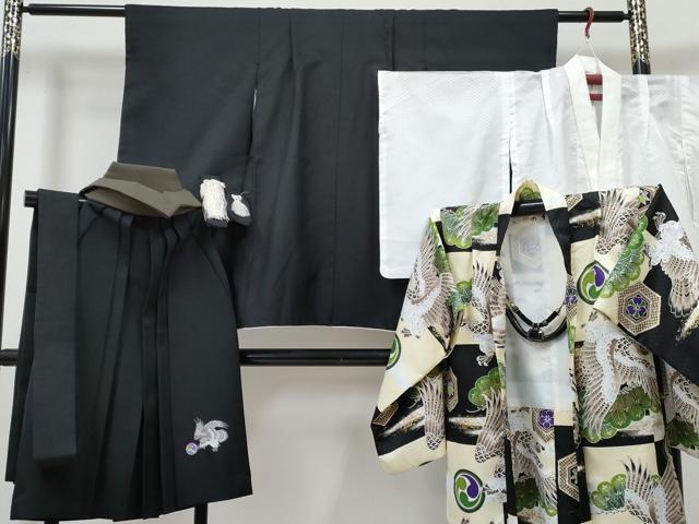 平和屋着物[]七五三　男の子　祝着・長襦袢(単衣)・羽織・行灯袴・小物セット　鷹　鷲　松文　暈し染め　金彩　洗える着物　DABG3135ma
