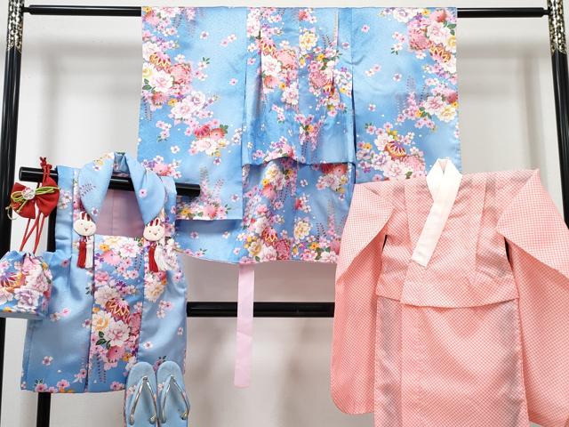 平和屋着物[]七五三　女の子　３歳　祝着　三つ身　長襦袢(単衣)・被布・草履・小物セット　鞠花文　暈し染め　金彩　箱付き　DABG3145ma