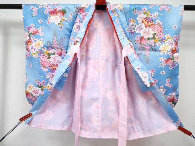 平和屋着物[]七五三　女の子　３歳　祝着　三つ身　長襦袢(単衣)・被布・草履・小物セット　鞠花文　暈し染め　金彩　箱付き　DABG3145ma