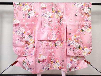 平和屋着物[]七五三　女の子　３歳　祝着　三つ身　長襦袢(単衣)・被布・草履・小物セット　鞠花文　暈し染め　金彩　箱付き　DABG3147ma