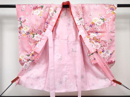 平和屋着物[]七五三　女の子　３歳　祝着　三つ身　長襦袢(単衣)・被布・草履・小物セット　鞠花文　暈し染め　金彩　箱付き　DABG3147ma