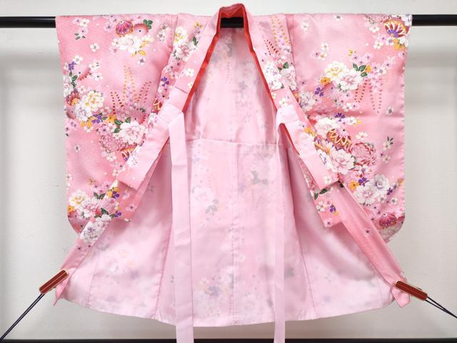 平和屋着物[]七五三　女の子　３歳　祝着　三つ身　長襦袢(単衣)・被布・草履・小物セット　鞠花文　暈し染め　金彩　箱付き　DABG3147ma