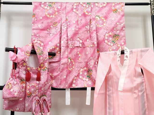平和屋着物[]七五三　女の子　３歳　祝着　三つ身　長襦袢(単衣)・被布・草履・小物セット　鞠花文　暈し染め　金彩　箱付き　DABG3148ma