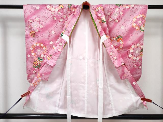 平和屋着物[]七五三　女の子　３歳　祝着　三つ身　長襦袢(単衣)・被布・草履・小物セット　鞠花文　暈し染め　金彩　箱付き　DABG3148ma