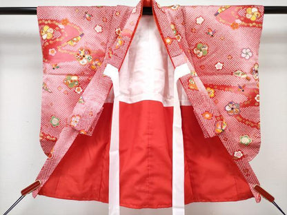 平和屋着物[]七五三　女の子　３歳　祝着　三つ身　長襦袢(単衣)・被布・草履・小物セット　羽子板花文 暈し染め 金彩　箱付き　DABG3149ma
