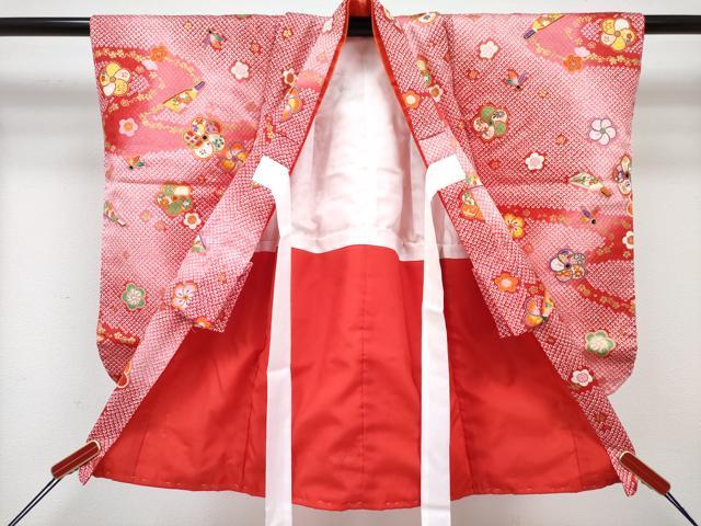 平和屋着物[]七五三　女の子　３歳　祝着　三つ身　長襦袢(単衣)・被布・草履・小物セット　羽子板花文 暈し染め 金彩　箱付き　DABG3149ma