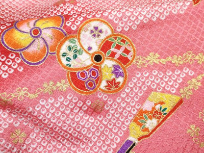 平和屋着物[]七五三　女の子　３歳　祝着　三つ身　長襦袢(単衣)・被布・草履・小物セット　羽子板花文 暈し染め 金彩　箱付き　DABG3149ma