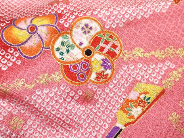 平和屋着物[]七五三　女の子　３歳　祝着　三つ身　長襦袢(単衣)・被布・草履・小物セット　羽子板花文 暈し染め 金彩　箱付き　DABG3149ma