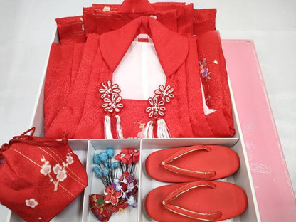 平和屋着物[]七五三　女の子　３歳　祝着　三つ身　被布・草履・小物セット　鴛鴦枝梅花文　金彩　箱付き　DABG3150ma
