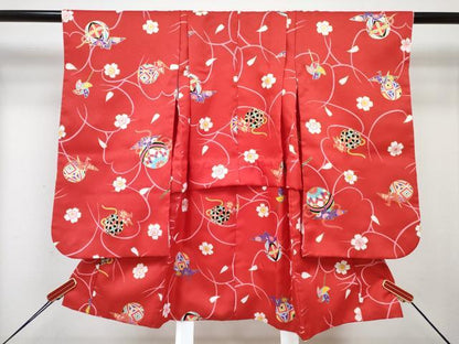 平和屋着物[]七五三　女の子　３歳　祝着　三つ身　長襦袢(単衣)・被布・草履・小物セット　風車 折り鶴鞠花文 金彩　箱付き　DABG3151ma