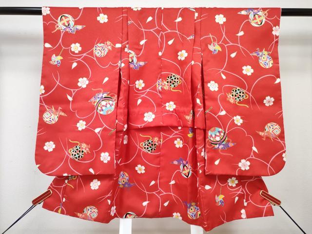 平和屋着物[]七五三　女の子　３歳　祝着　三つ身　長襦袢(単衣)・被布・草履・小物セット　風車 折り鶴鞠花文 金彩　箱付き　DABG3151ma