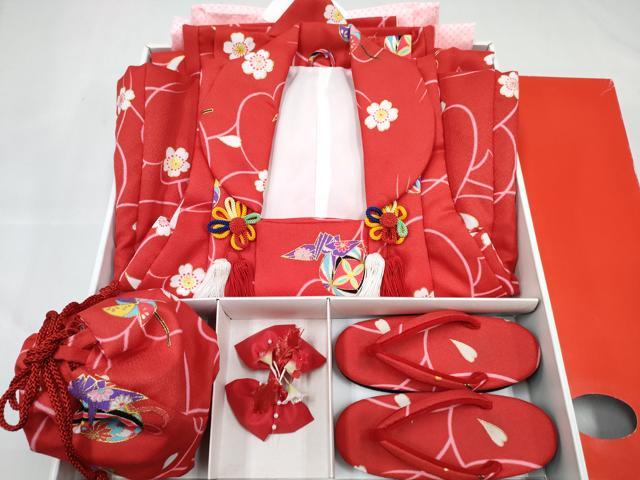 平和屋着物[]七五三　女の子　３歳　祝着　三つ身　長襦袢(単衣)・被布・草履・小物セット　風車 折り鶴鞠花文 金彩　箱付き　DABG3151ma