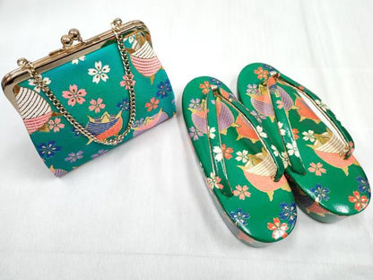 平和屋本店[]西陣　おくむら謹製　女の子　子供　つけ帯・草履・バッグ・小物セット　糸車文　金糸　箱付き　DABG3160ma