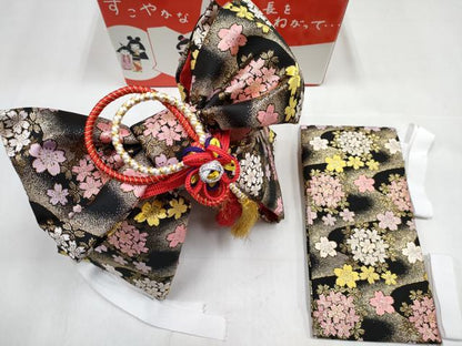 平和屋着物[]女の子　子供　つけ帯　流水桜文　黒地　金銀糸　箱付き　DABG3163ma