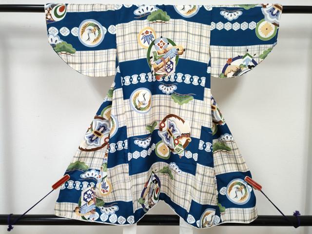 平和屋着物[]七五三　男の子　祝着・被布セット　飛鶴絵巻松丸文　金彩　逸品　DABG3166ma