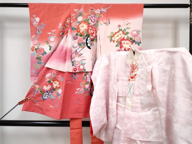 平和屋着物[]七五三　女の子　３歳　祝着　三つ身　長襦袢(袷・半衿刺繍)セット　友禅　花車文　暈し染め　逸品　DABG3167ma