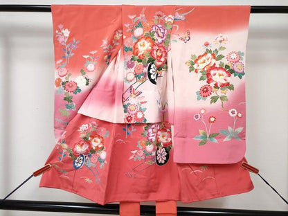 平和屋着物[]七五三　女の子　３歳　祝着　三つ身　長襦袢(袷・半衿刺繍)セット　友禅　花車文　暈し染め　逸品　DABG3167ma