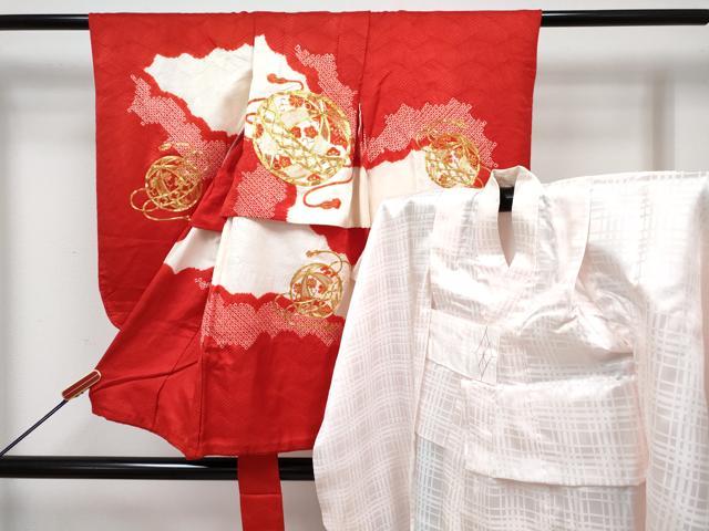 平和屋着物[]七五三　女の子　３歳　祝着　三つ身　長襦袢(袷)セット　駒刺繍　絞り　鞠花文　逸品　DABG3168ma