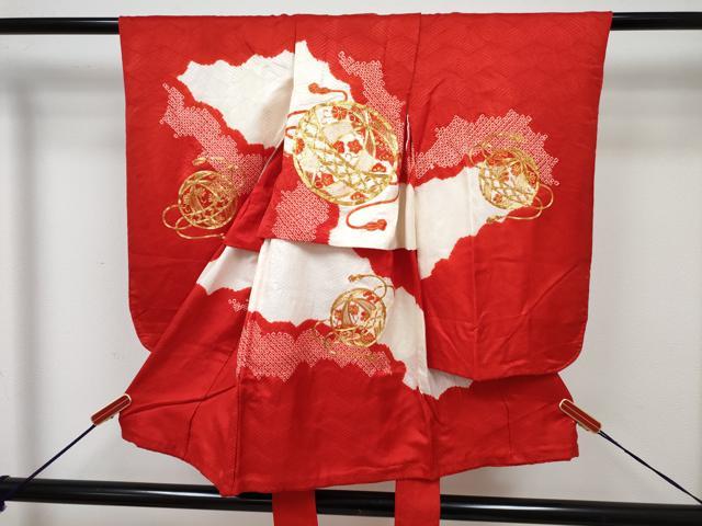 平和屋着物[]七五三　女の子　３歳　祝着　三つ身　長襦袢(袷)セット　駒刺繍　絞り　鞠花文　逸品　DABG3168ma
