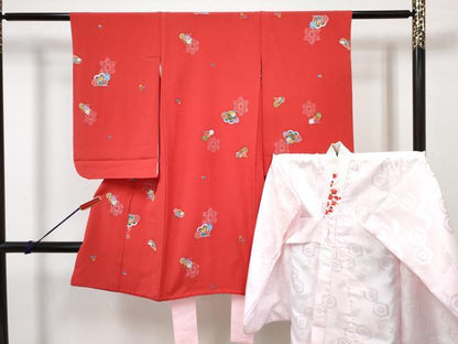 平和屋着物[]七五三　女の子　３歳　祝着　三つ身　長襦袢(袷・半衿刺繍)セット　麻の葉梅花文　逸品　DABG3169ma