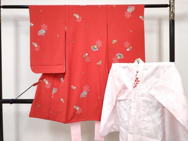 平和屋着物[]七五三　女の子　３歳　祝着　三つ身　長襦袢(袷・半衿刺繍)セット　麻の葉梅花文　逸品　DABG3169ma