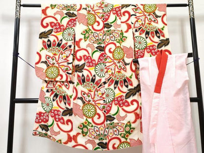平和屋着物[]七五三　女の子　７歳　祝着　四つ身　長襦袢(単衣)セット　菊花唐草文　金彩　逸品　DABG3171ma