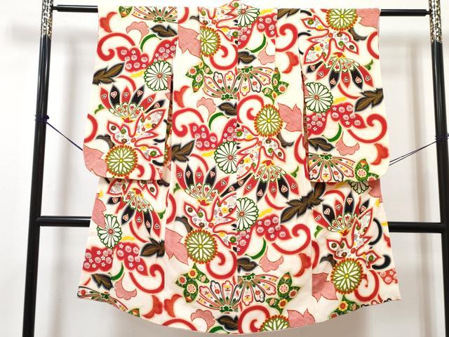 平和屋着物[]七五三　女の子　７歳　祝着　四つ身　長襦袢(単衣)セット　菊花唐草文　金彩　逸品　DABG3171ma