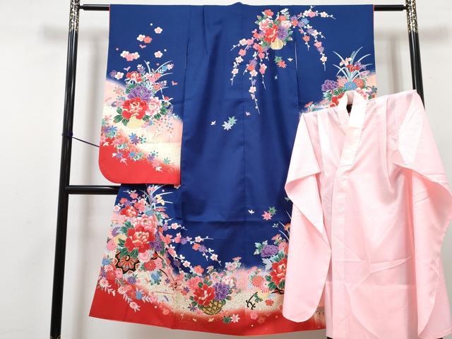 平和屋着物[]七五三　女の子　７歳　祝着　四つ身　襦袢(単衣)セット　花車文　暈し染め　金彩　DABG3172ma